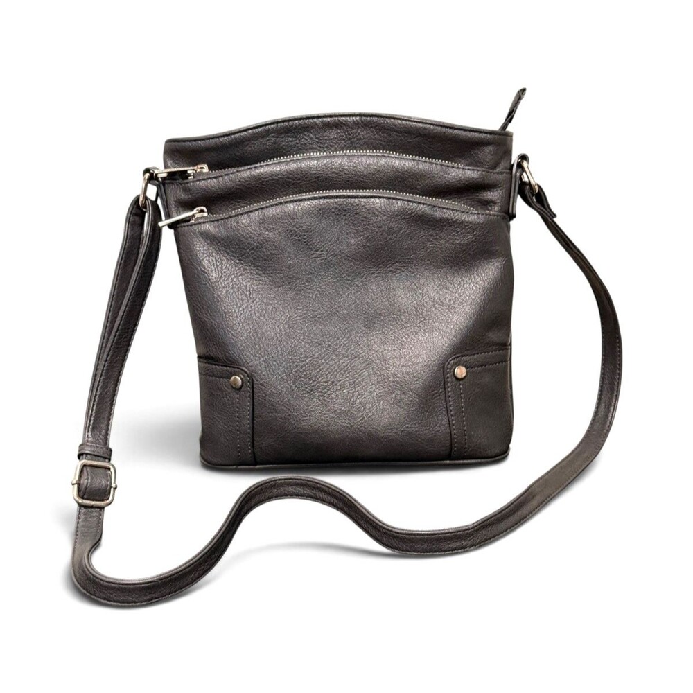 ALYSSA Triple Zip Pocket Dark Gray Pebbled Crossbody Bag 10"x10"x3 EUC